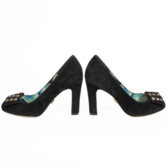 Anne Klein Black Suede Heels with Gold Studded Bows 6M - Picture 4 of 11